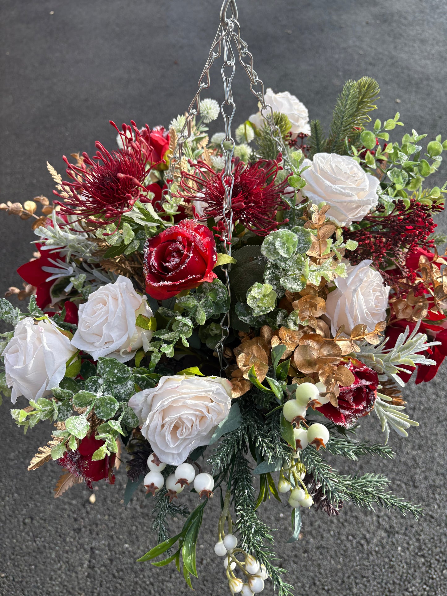 Red, cream and gold hanging basket