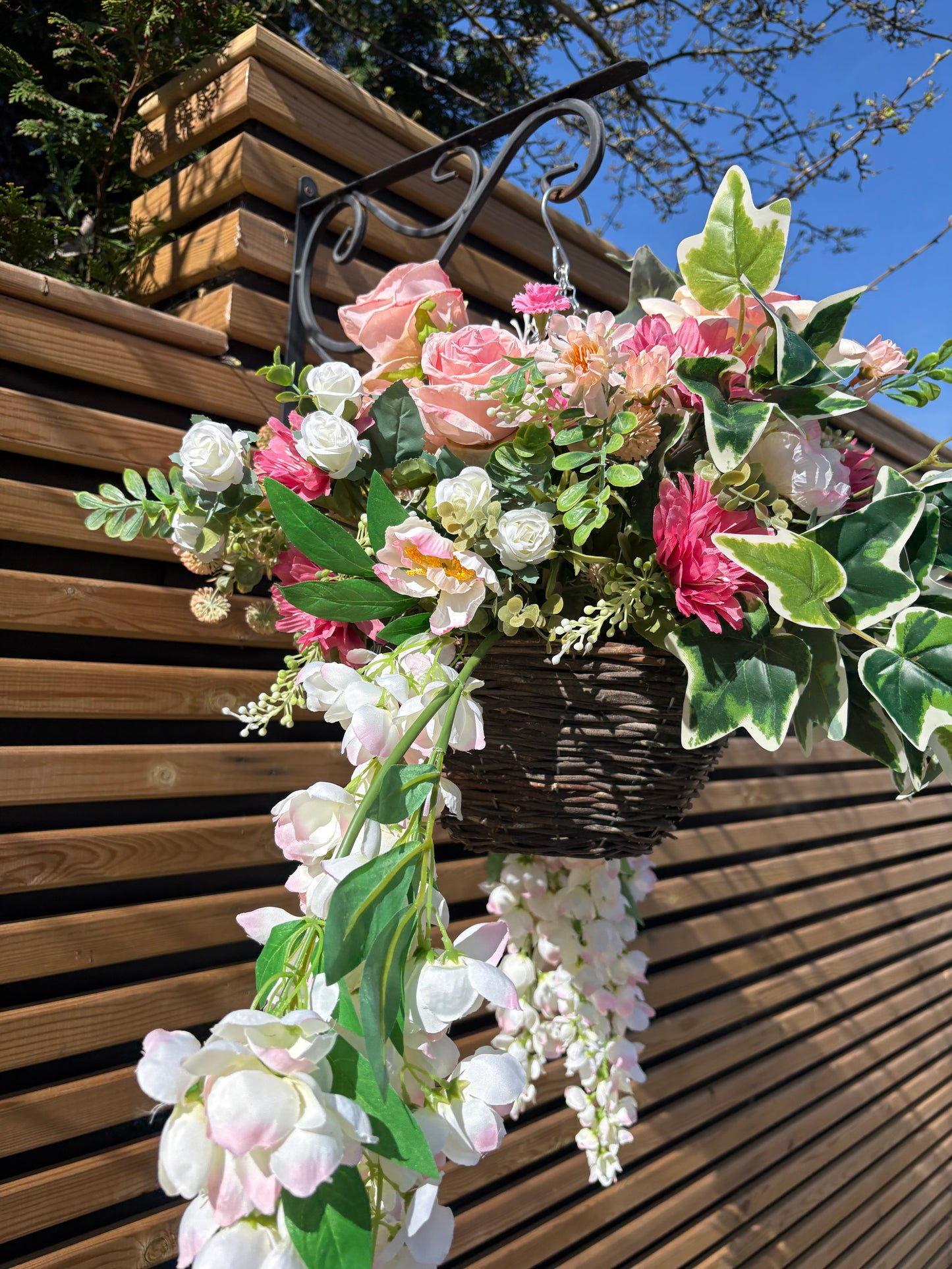 Pink rose hanging basket