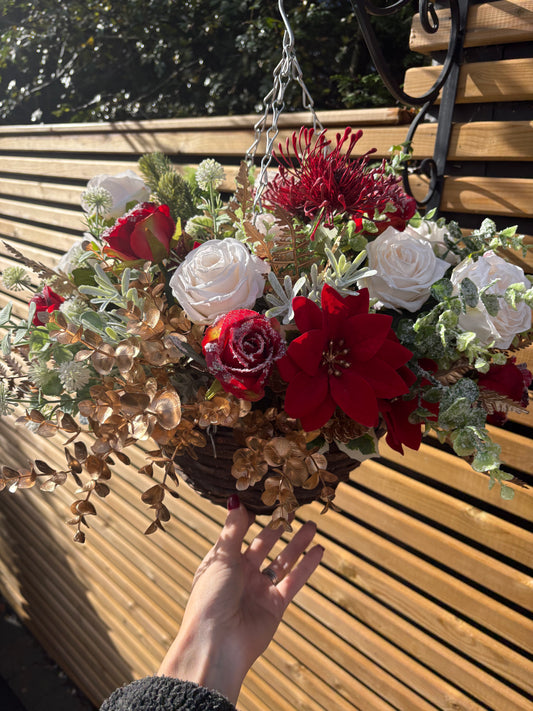 Red, cream and gold hanging basket