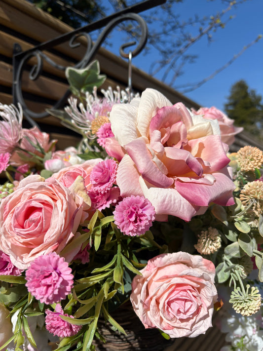 Pink rose hanging basket