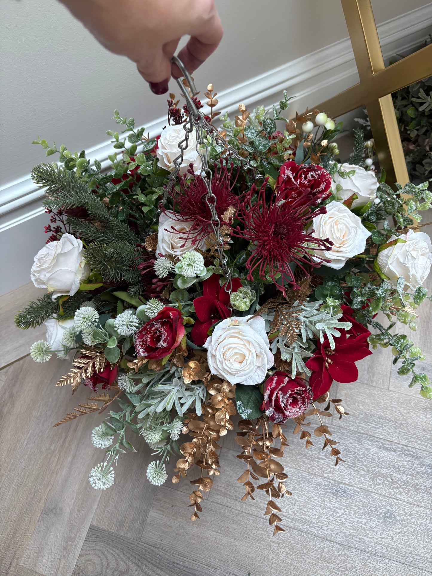 Red, cream and gold hanging basket